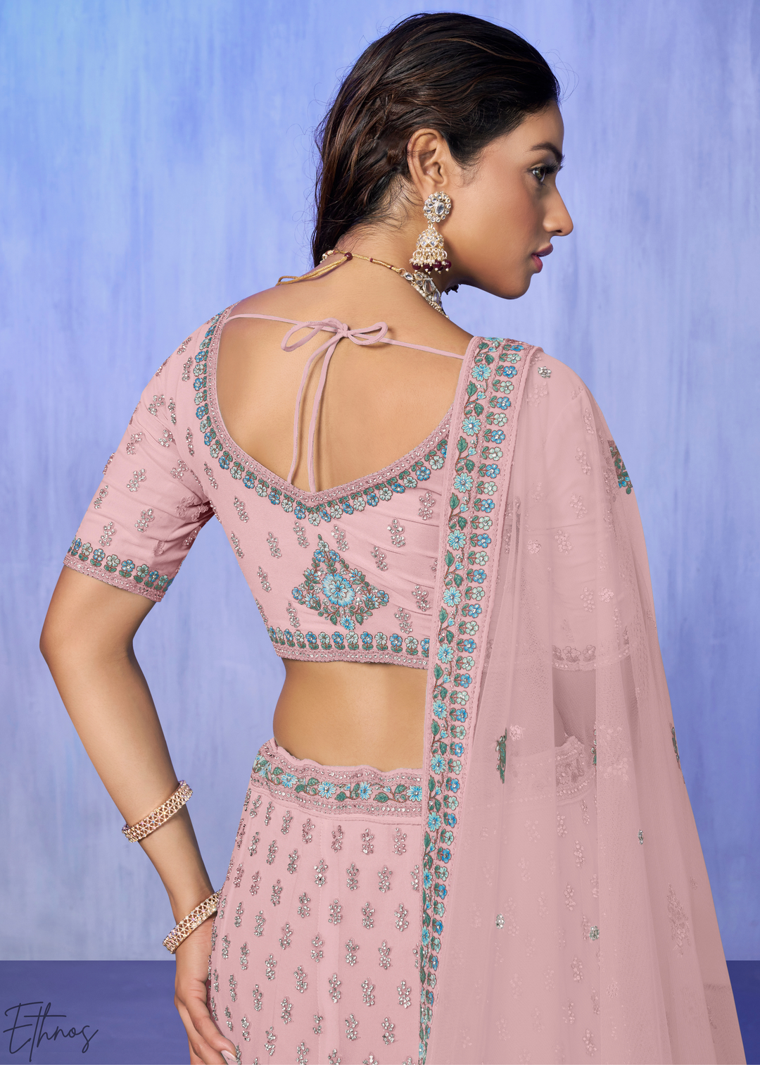 Blush Pink Floral & Paisley Embroidered Georgette Lehenga Choli Set