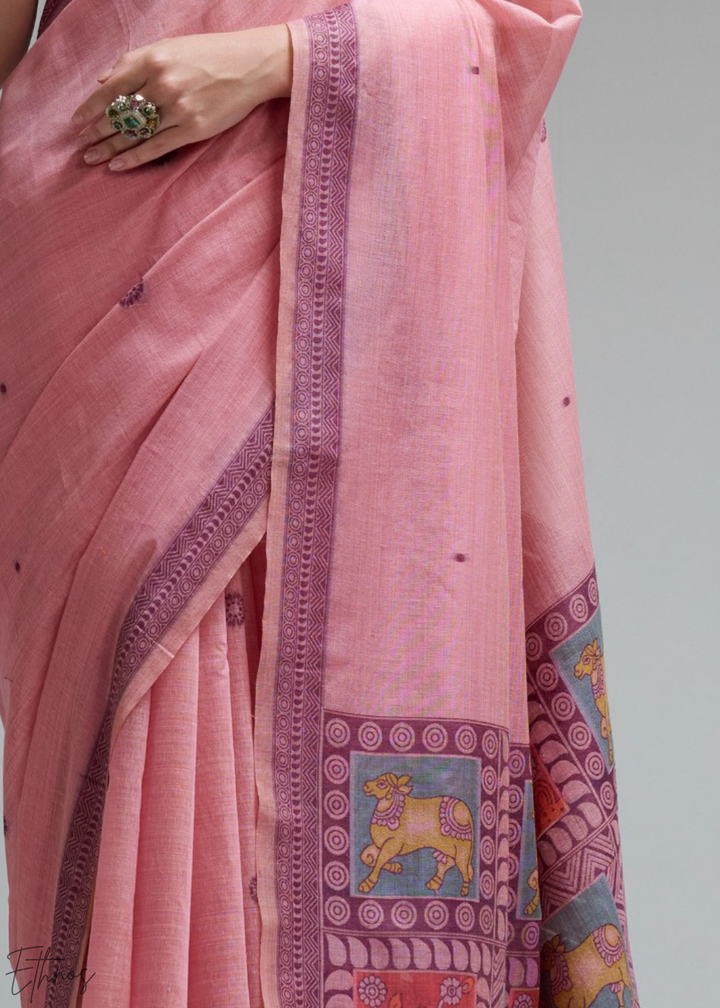 Blush Pink Geometric Block Printed Jamdani Cotton Saree