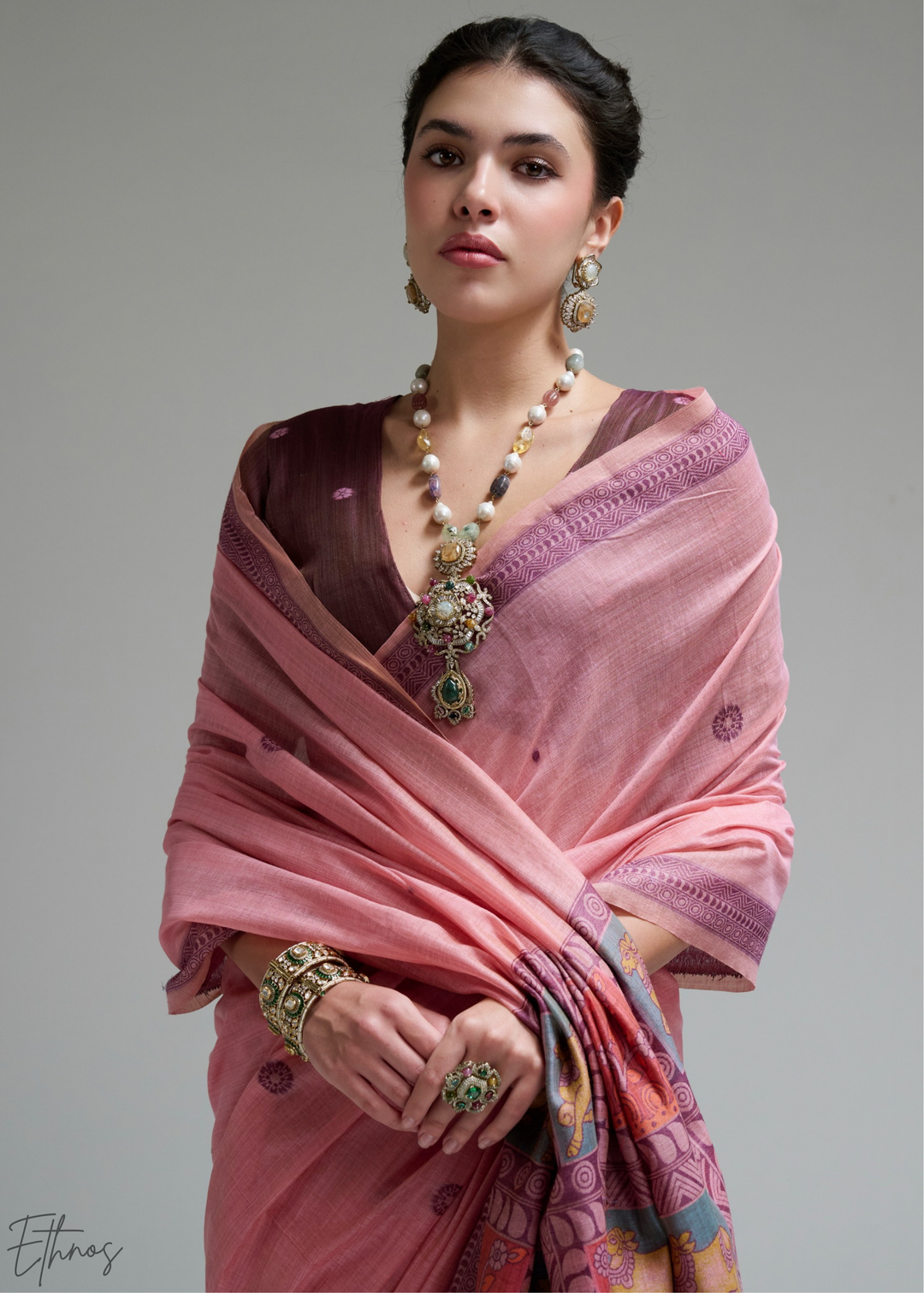 Blush Pink Geometric Block Printed Jamdani Cotton Saree