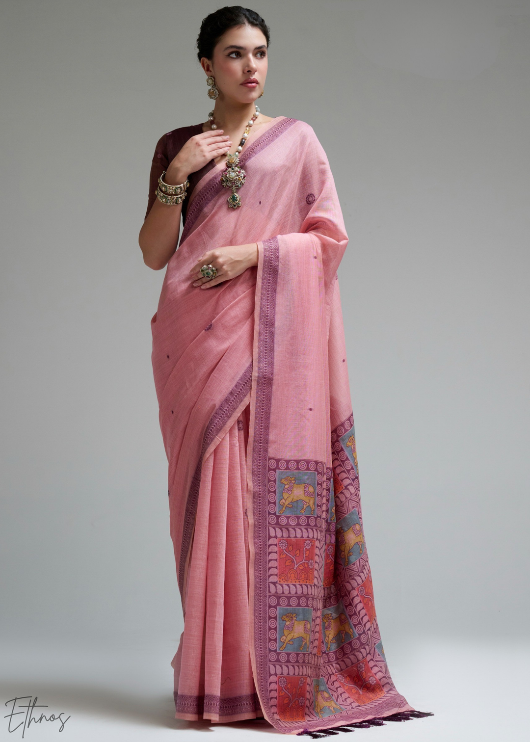 Blush Pink Geometric Block Printed Jamdani Cotton Saree