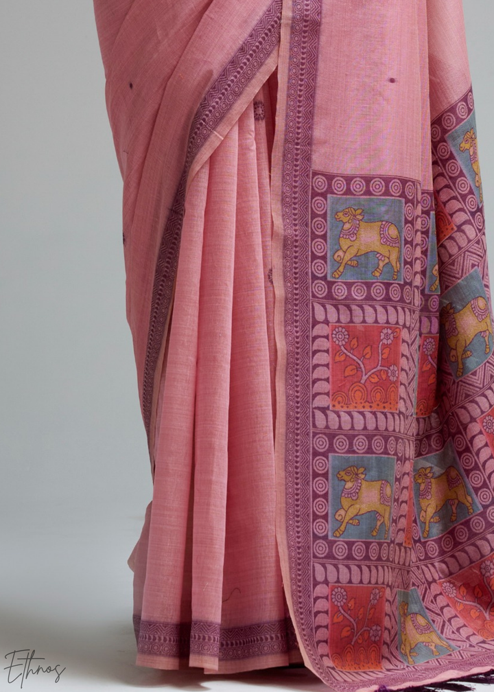 Blush Pink Geometric Block Printed Jamdani Cotton Saree