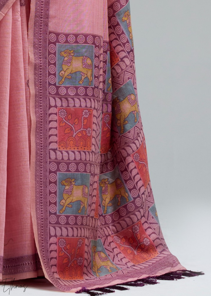 Blush Pink Geometric Block Printed Jamdani Cotton Saree