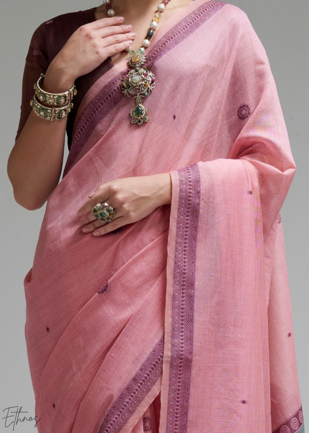 Blush Pink Geometric Block Printed Jamdani Cotton Saree
