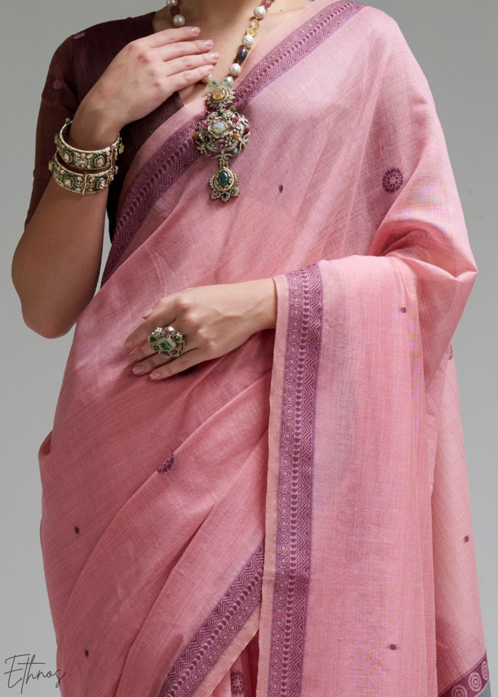 Blush Pink Geometric Block Printed Jamdani Cotton Saree