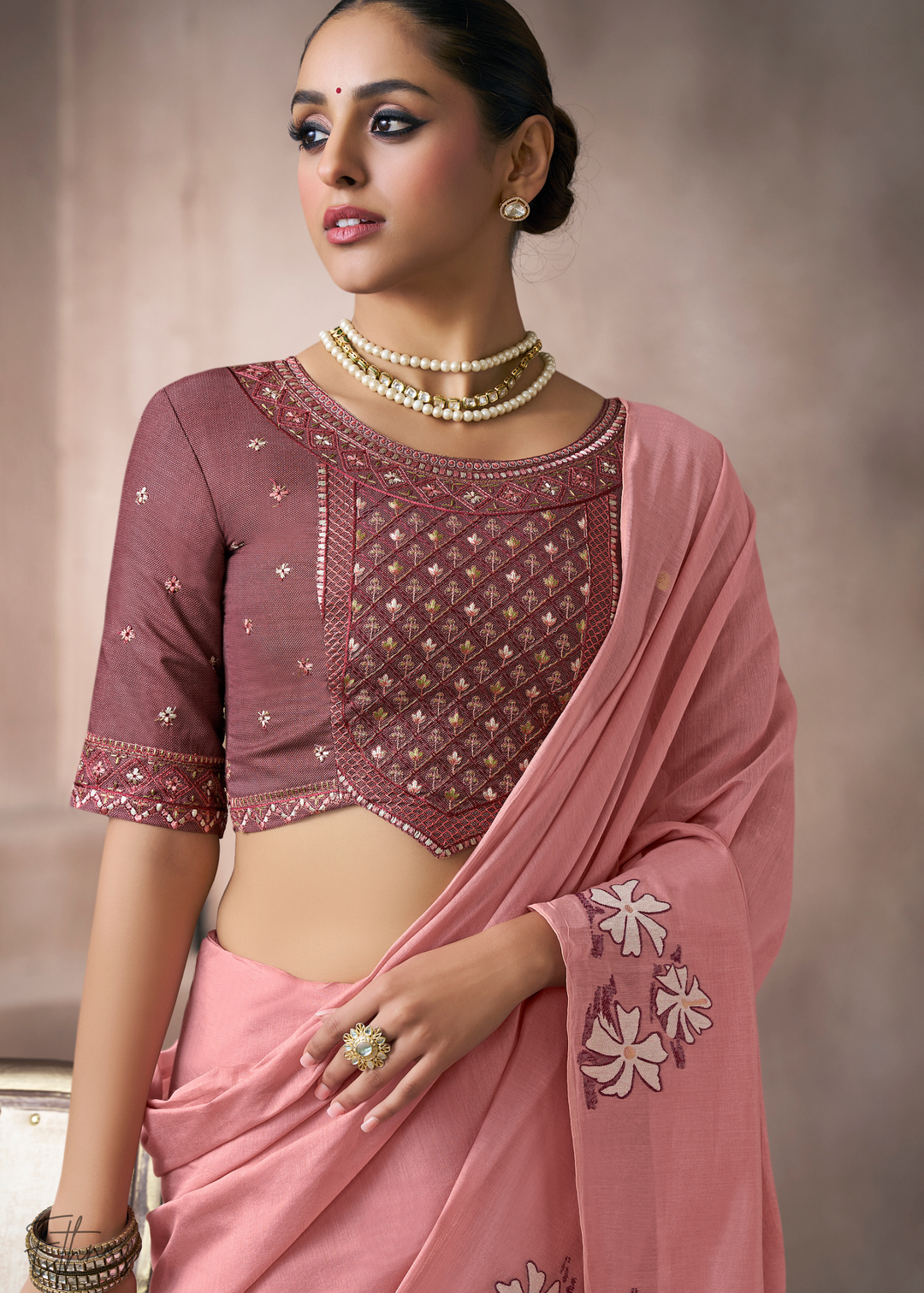 Blush Pink Meadow Flora Viscose Silk Saree