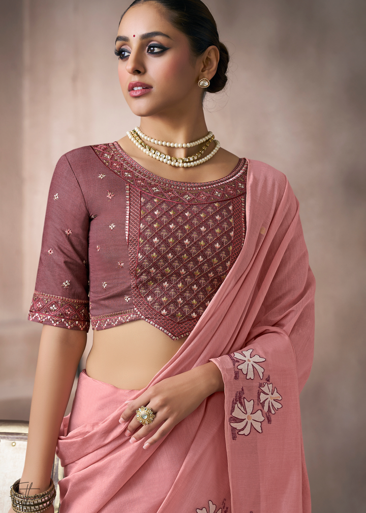 Blush Pink Meadow Flora Viscose Silk Saree