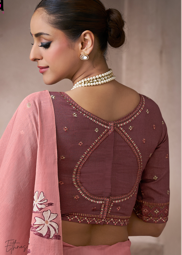 Blush Pink Meadow Flora Viscose Silk Saree