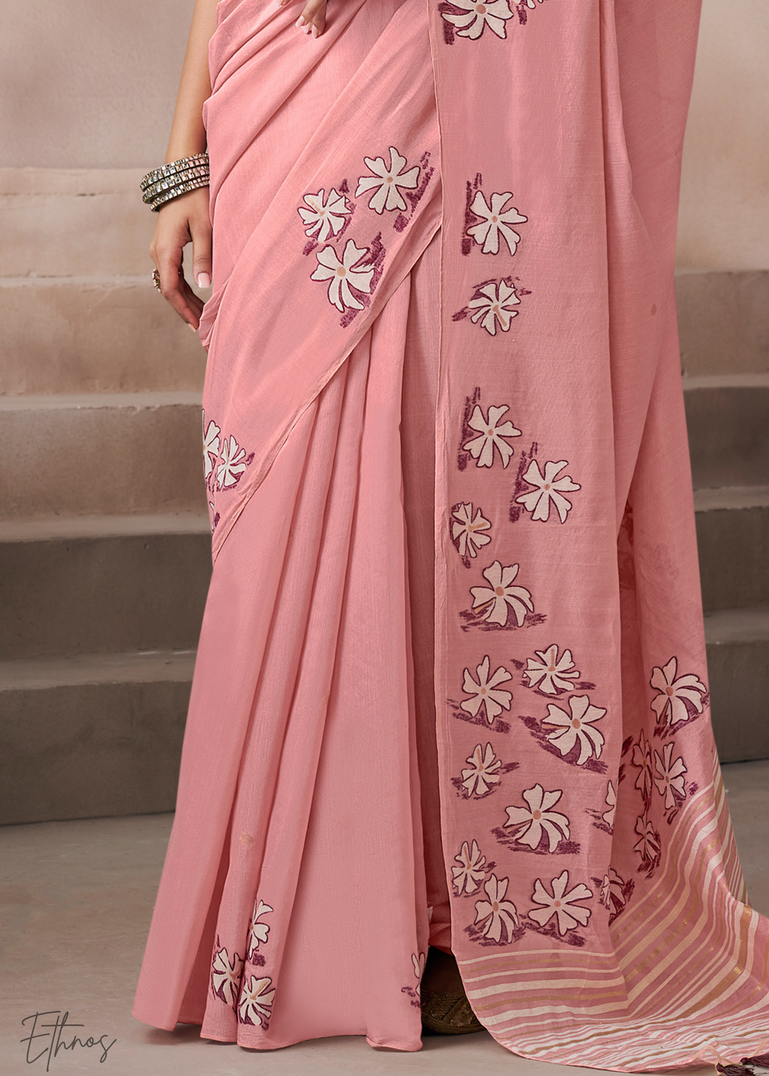 Blush Pink Meadow Flora Viscose Silk Saree