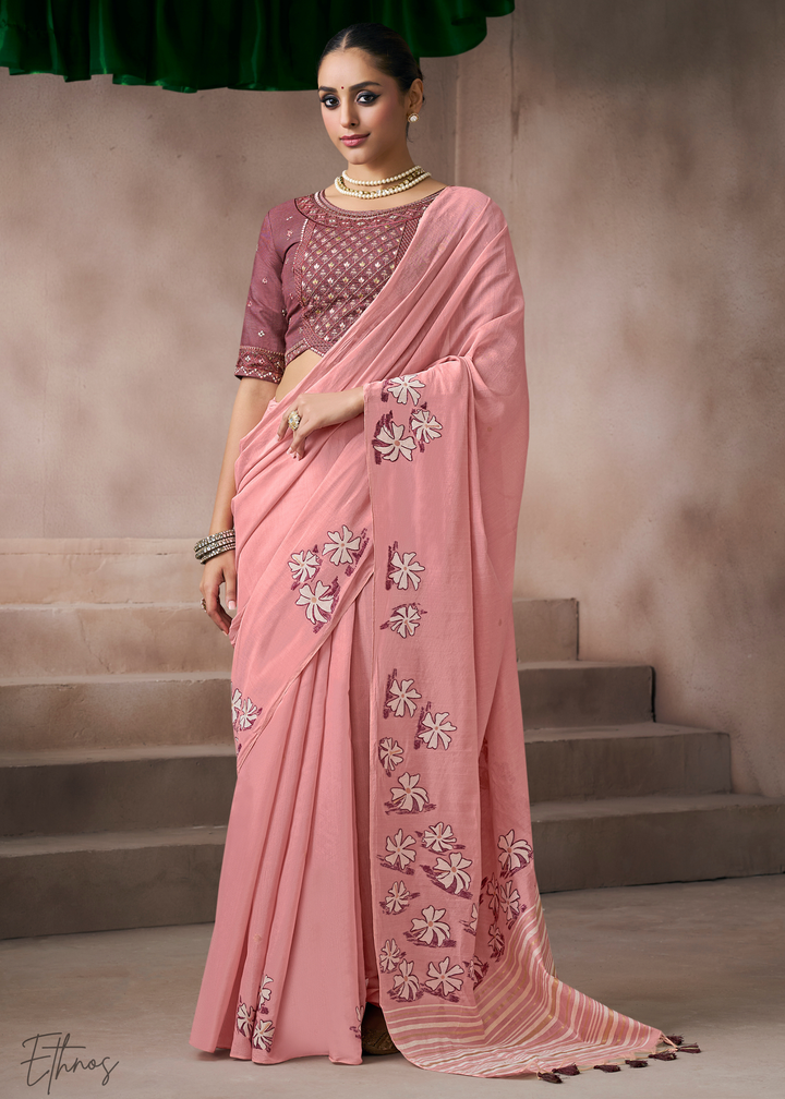 Blush Pink Meadow Flora Viscose Silk Saree