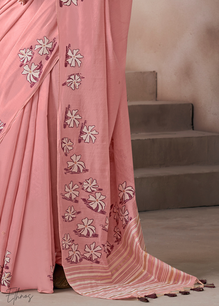 Blush Pink Meadow Flora Viscose Silk Saree