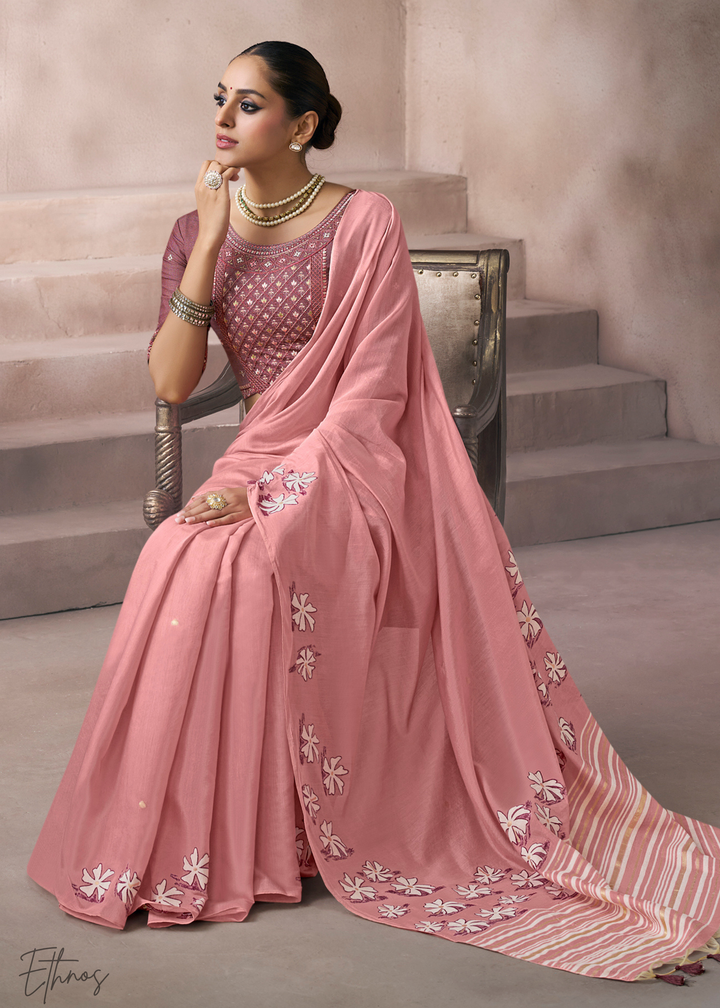 Blush Pink Meadow Flora Viscose Silk Saree