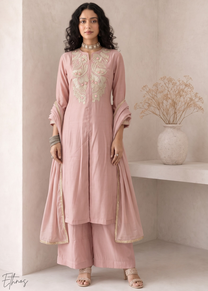 Blush Pink Medallion-Embroidered Silk Pant Suit