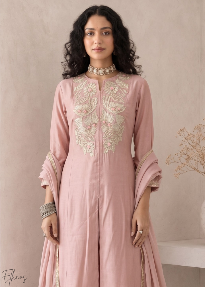 Blush Pink Medallion-Embroidered Silk Pant Suit