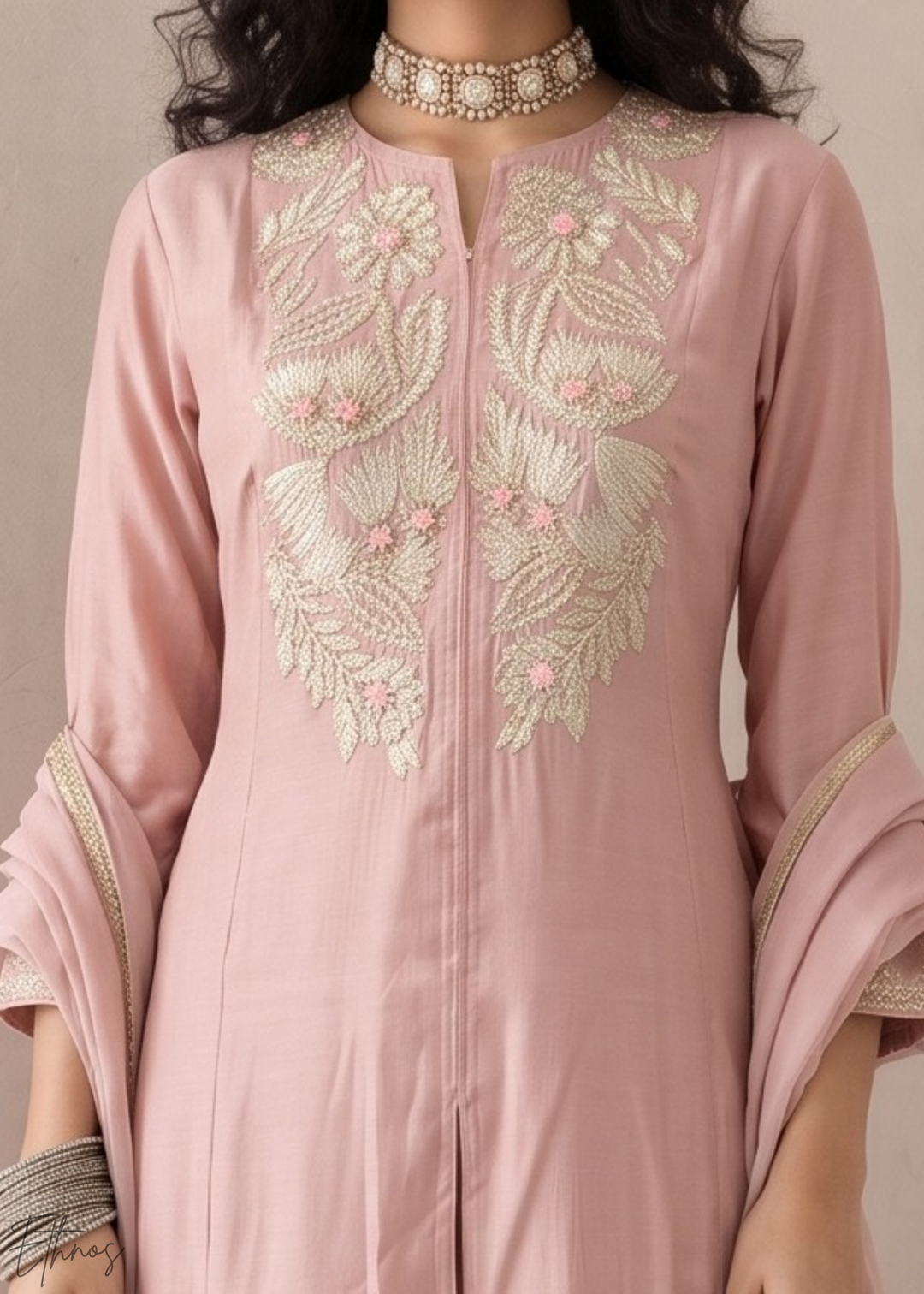 Blush Pink Medallion-Embroidered Silk Pant Suit
