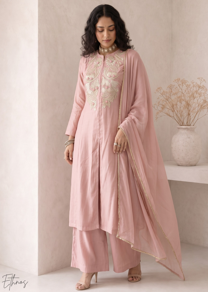 Blush Pink Medallion-Embroidered Silk Pant Suit