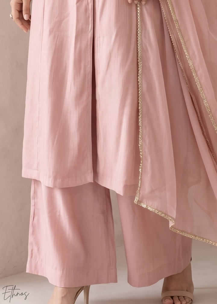 Blush Pink Medallion-Embroidered Silk Pant Suit
