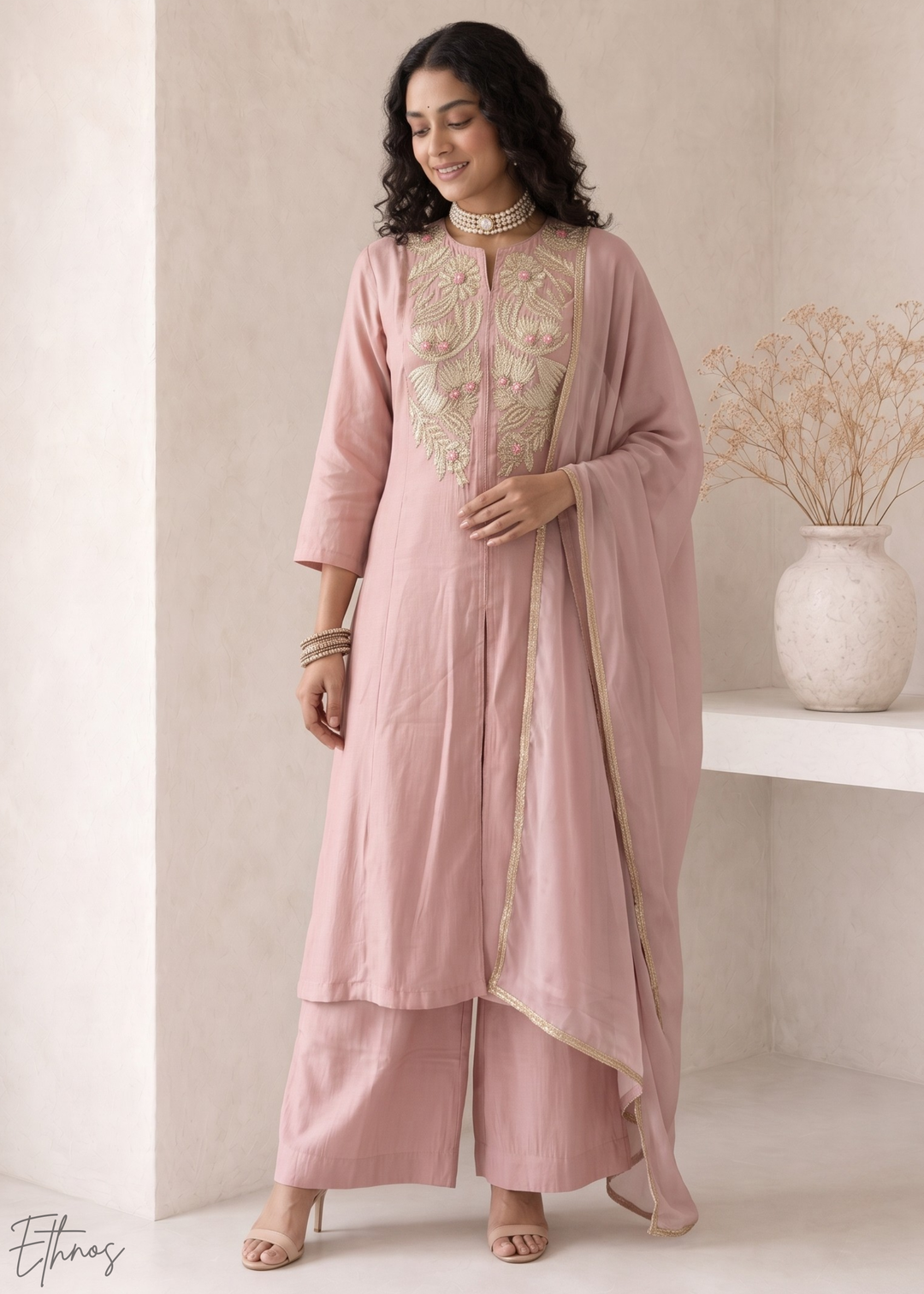 Blush Pink Medallion-Embroidered Silk Pant Suit