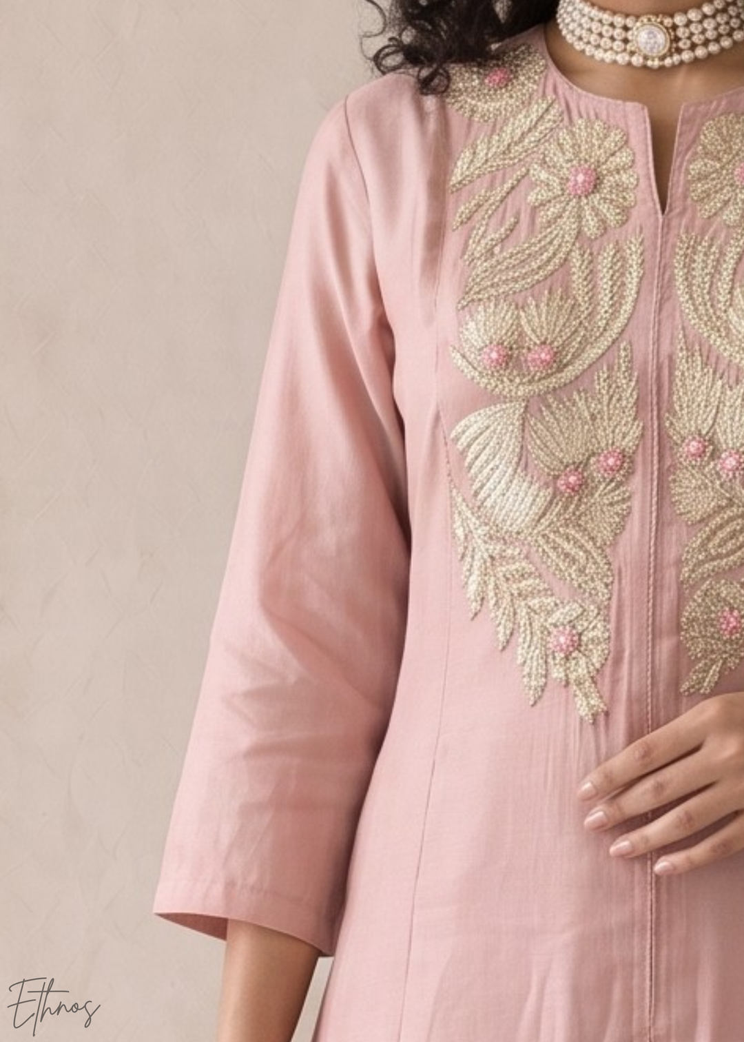 Blush Pink Medallion-Embroidered Silk Pant Suit