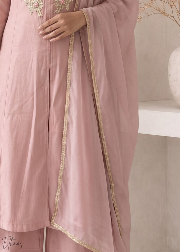 Blush Pink Medallion-Embroidered Silk Pant Suit
