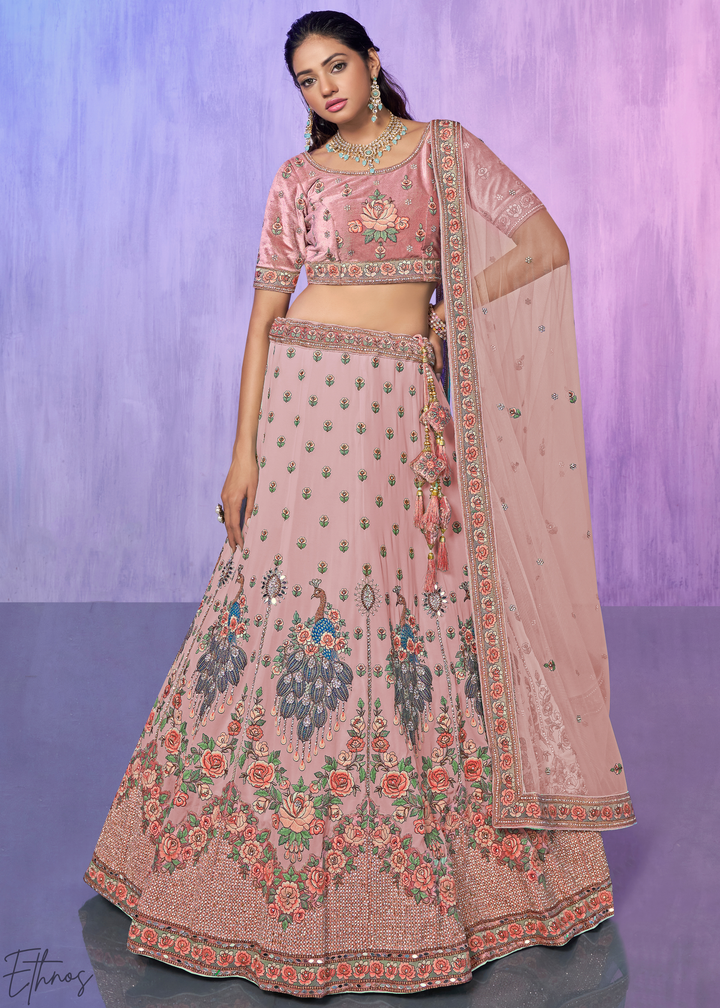 Blush Pink Peacock Floral Embroidered Velvet Lehenga Choli Set