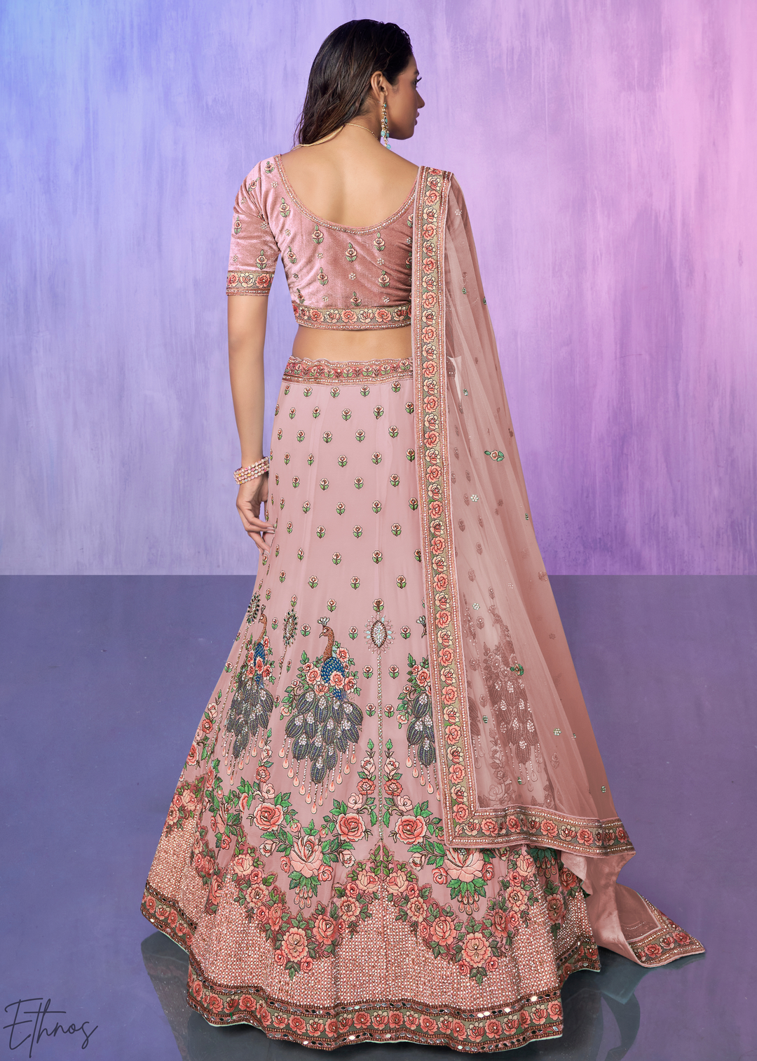 Blush Pink Peacock Floral Embroidered Velvet Lehenga Choli Set