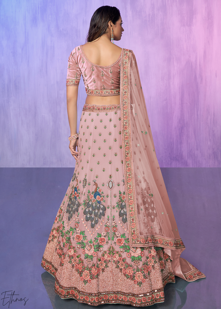 Blush Pink Peacock Floral Embroidered Velvet Lehenga Choli Set
