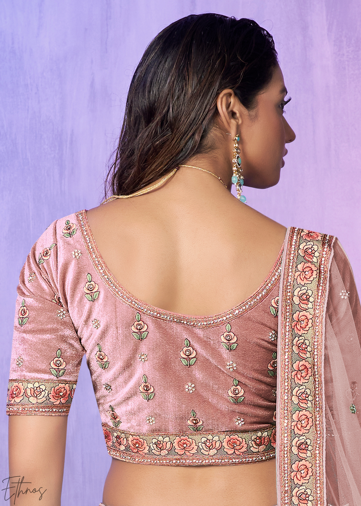Blush Pink Peacock Floral Embroidered Velvet Lehenga Choli Set