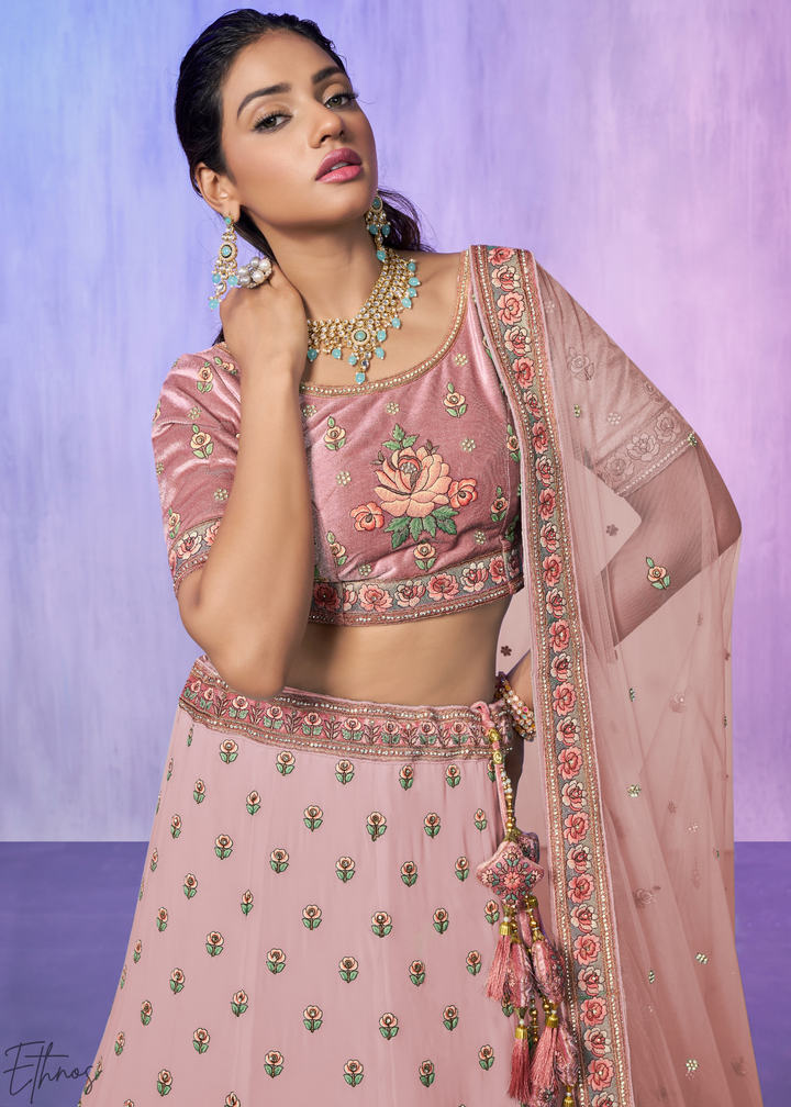 Blush Pink Peacock Floral Embroidered Velvet Lehenga Choli Set