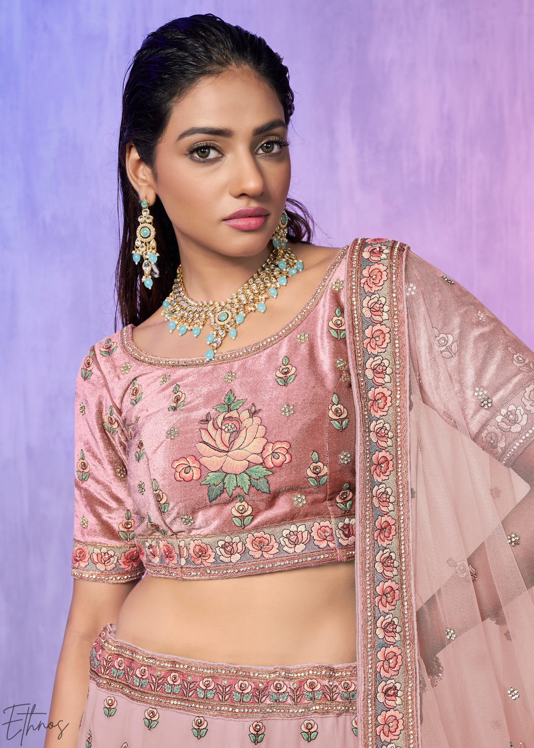 Blush Pink Peacock Floral Embroidered Velvet Lehenga Choli Set