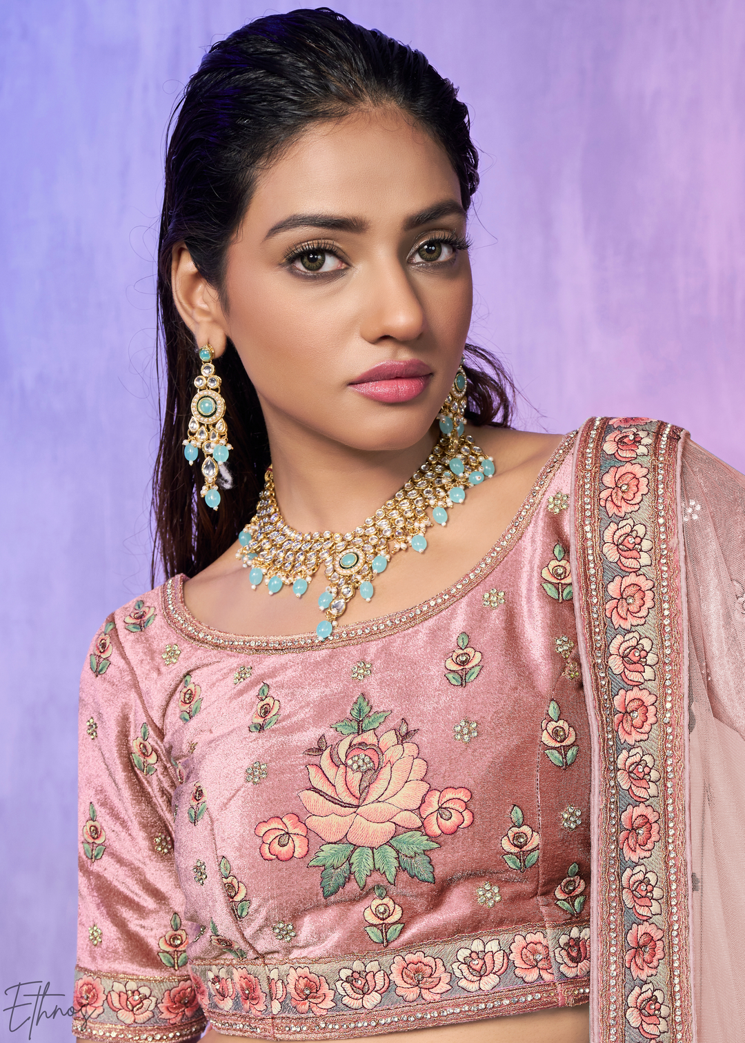 Blush Pink Peacock Floral Embroidered Velvet Lehenga Choli Set