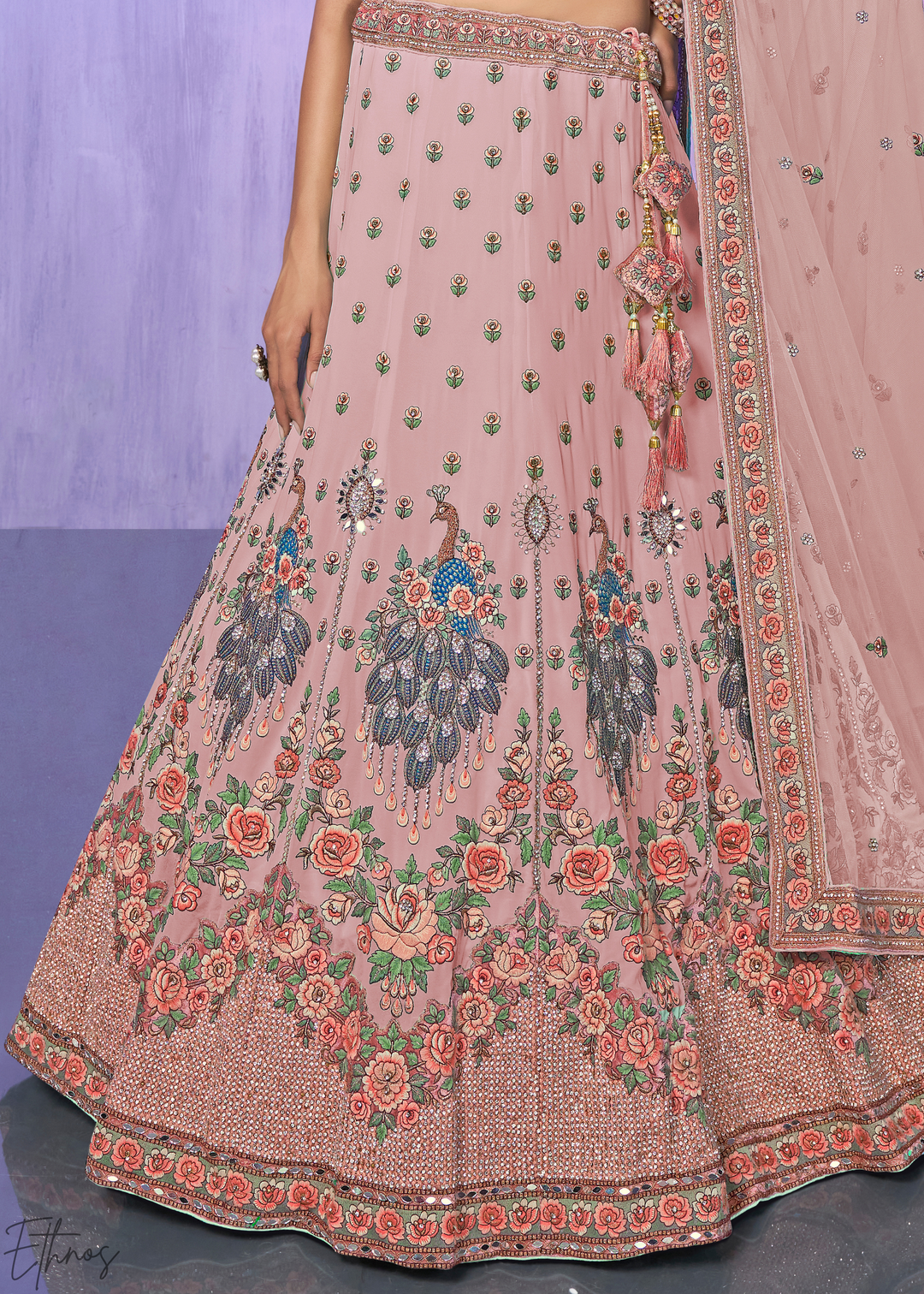 Blush Pink Peacock Floral Embroidered Velvet Lehenga Choli Set