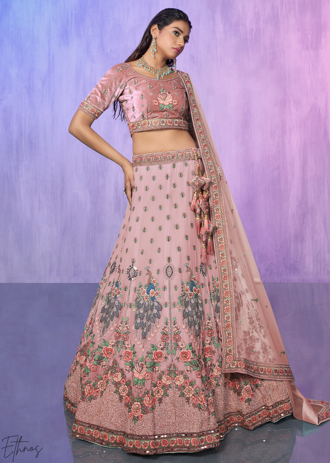 Blush Pink Peacock Floral Embroidered Velvet Lehenga Choli Set