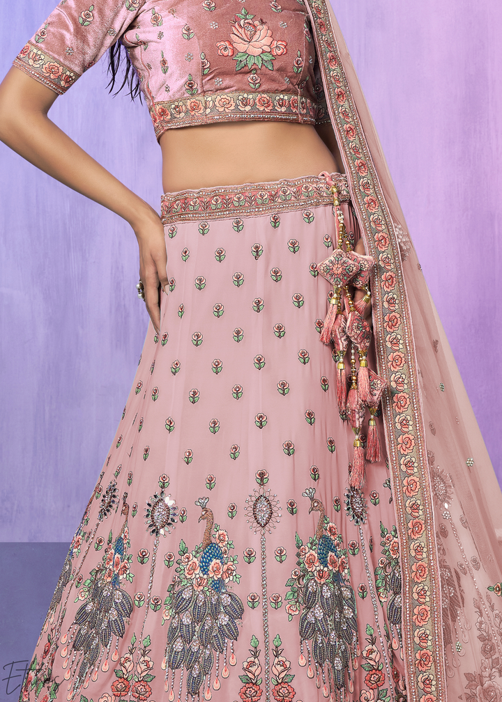 Blush Pink Peacock Floral Embroidered Velvet Lehenga Choli Set