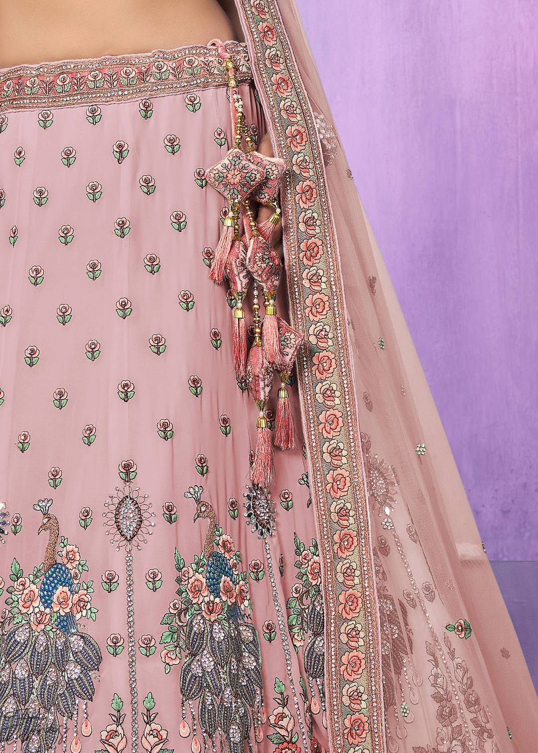 Blush Pink Peacock Floral Embroidered Velvet Lehenga Choli Set
