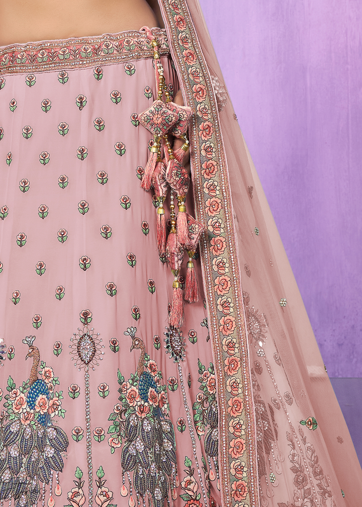 Blush Pink Peacock Floral Embroidered Velvet Lehenga Choli Set