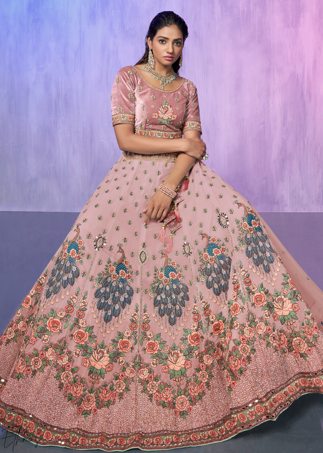 Blush Pink Peacock Floral Embroidered Velvet Lehenga Choli Set