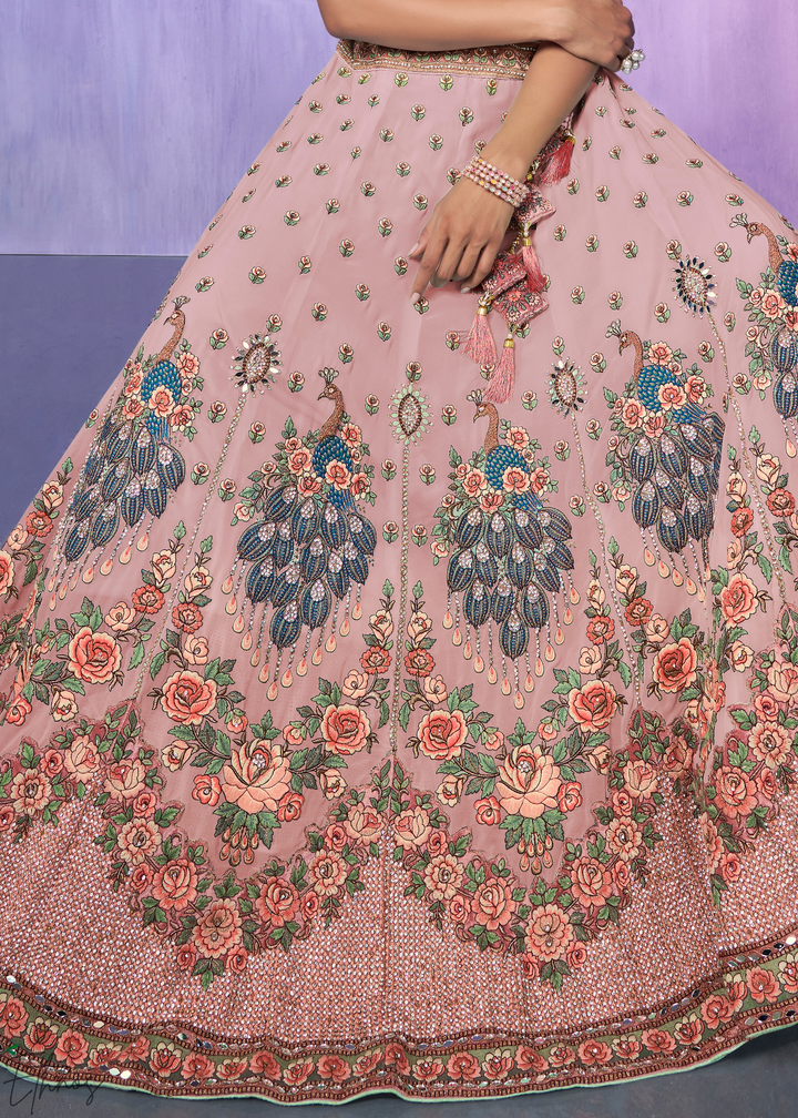 Blush Pink Peacock Floral Embroidered Velvet Lehenga Choli Set