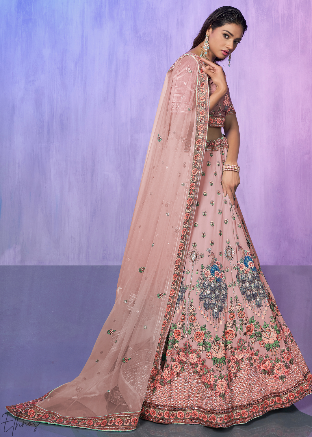 Blush Pink Peacock Floral Embroidered Velvet Lehenga Choli Set