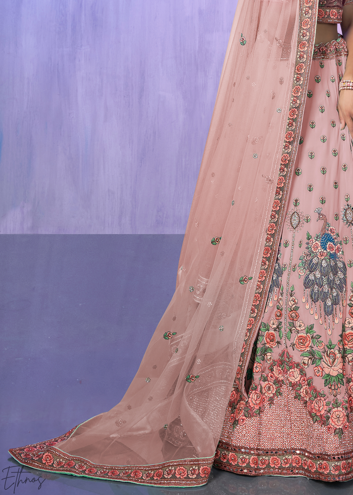 Blush Pink Peacock Floral Embroidered Velvet Lehenga Choli Set