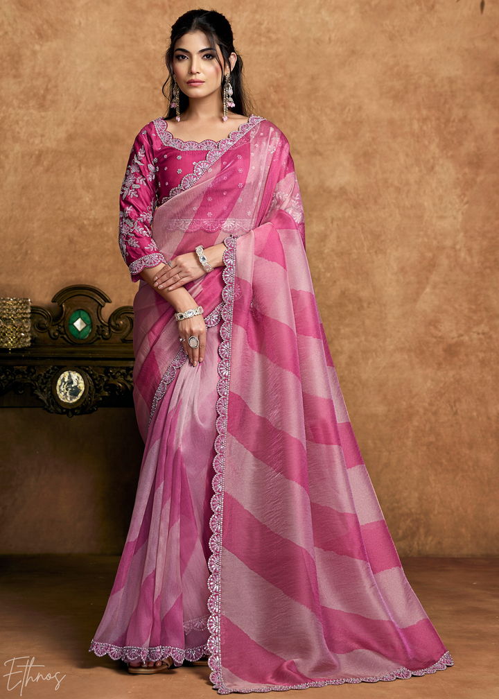 Blush Pink Sequin Embroidered Organza Satin Saree
