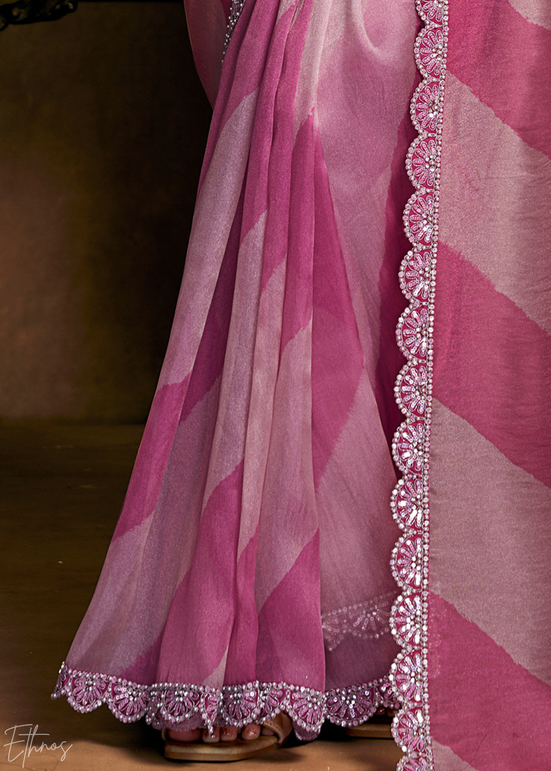 Blush Pink Sequin Embroidered Organza Satin Saree