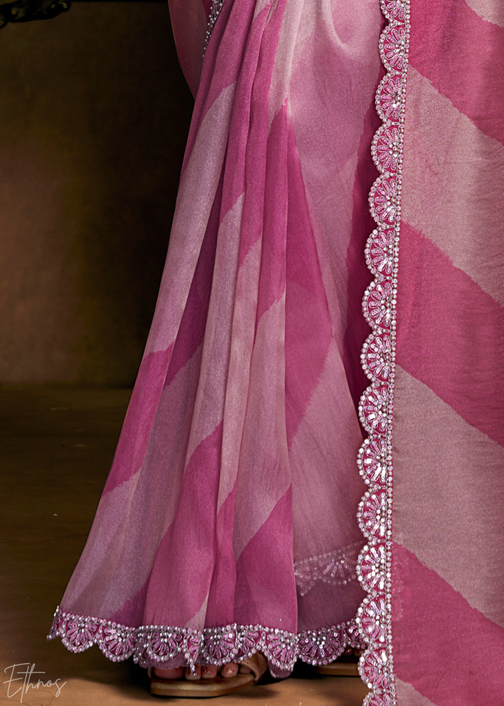 Blush Pink Sequin Embroidered Organza Satin Saree