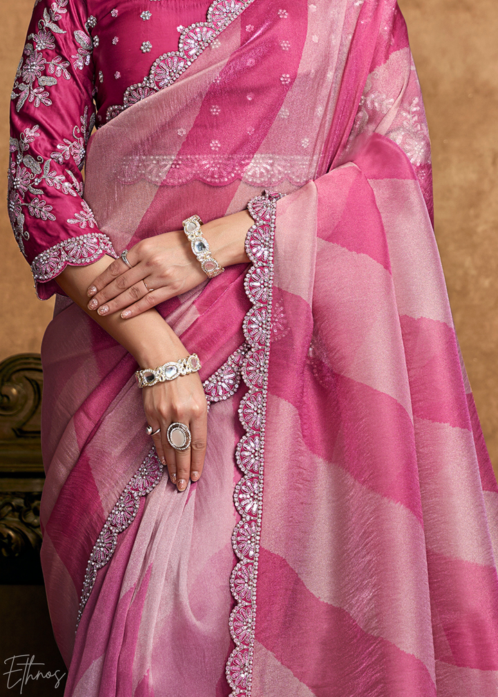 Blush Pink Sequin Embroidered Organza Satin Saree
