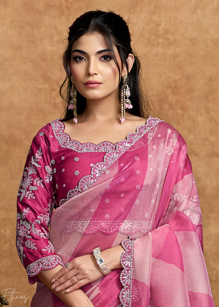Blush Pink Sequin Embroidered Organza Satin Saree