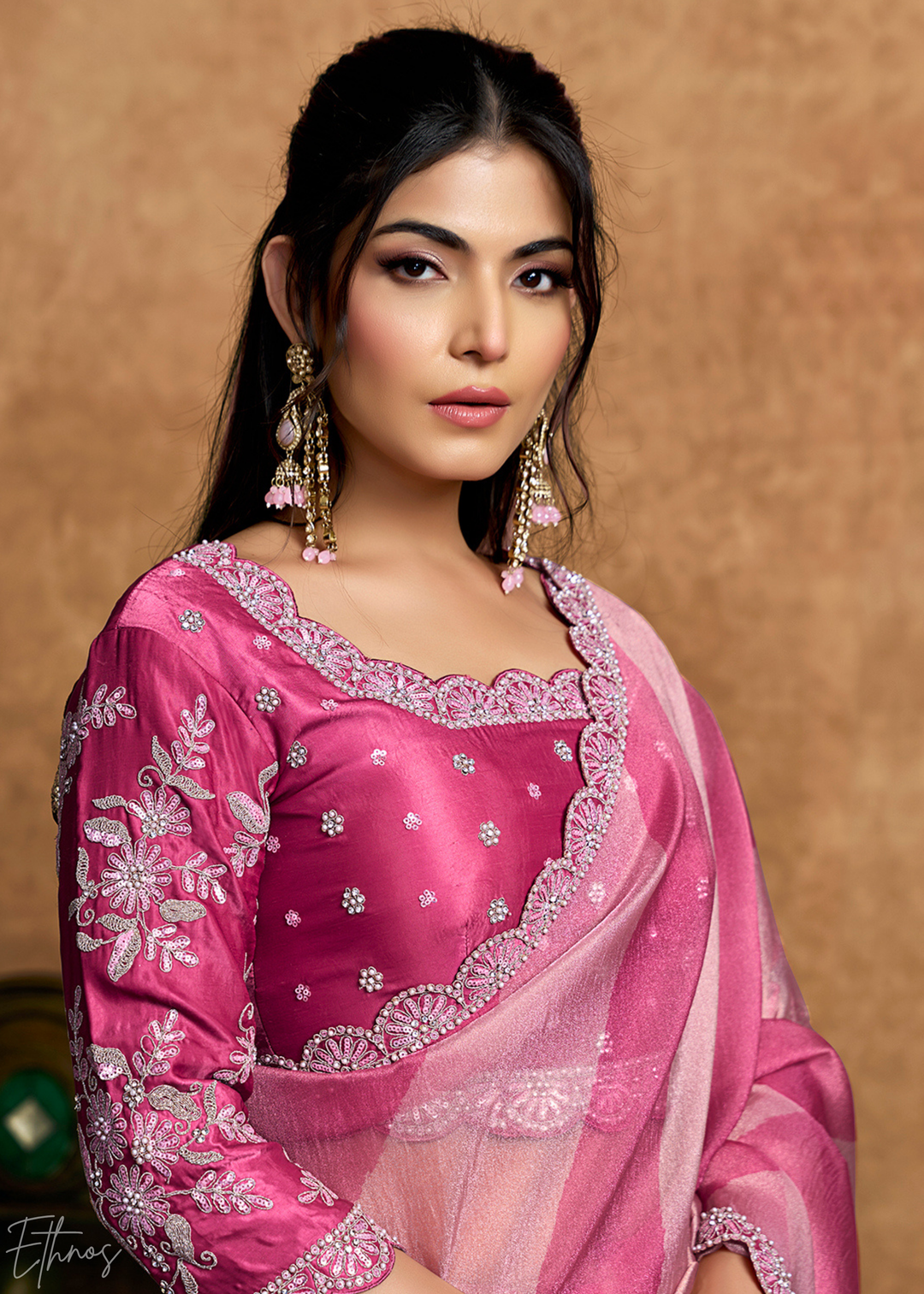 Blush Pink Sequin Embroidered Organza Satin Saree