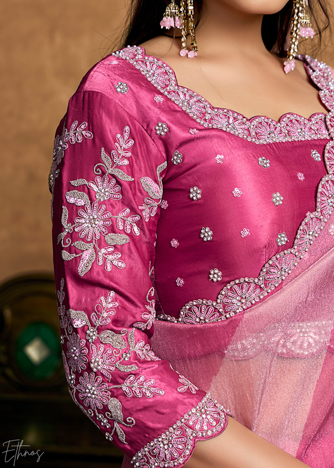 Blush Pink Sequin Embroidered Organza Satin Saree