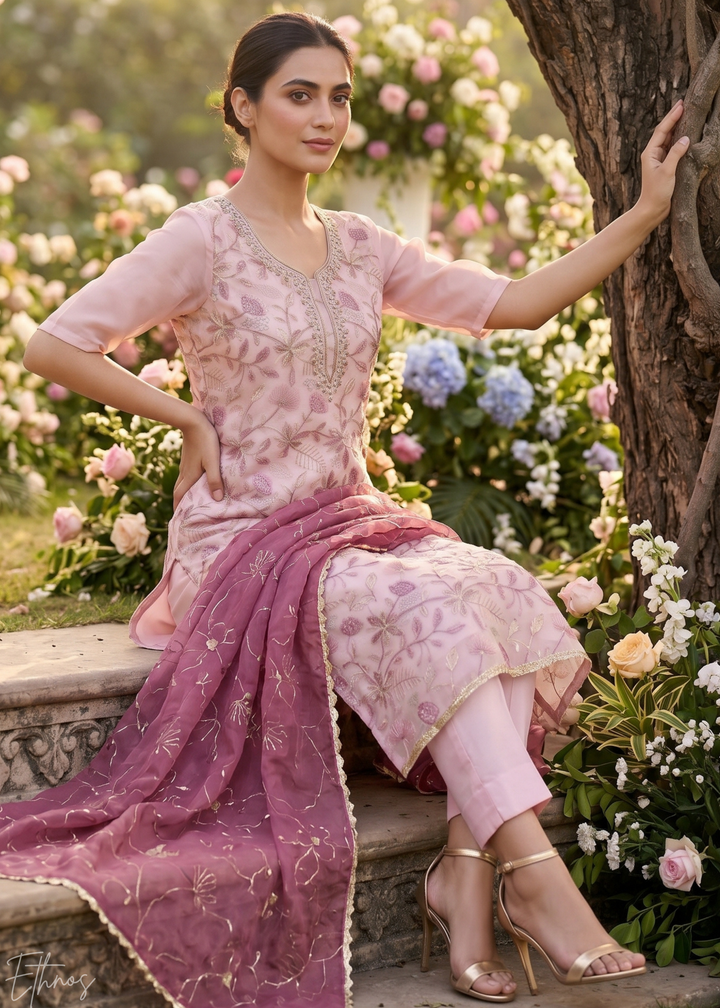 Blush Pink Vines-Embroidered Chinon Palazzo Suit