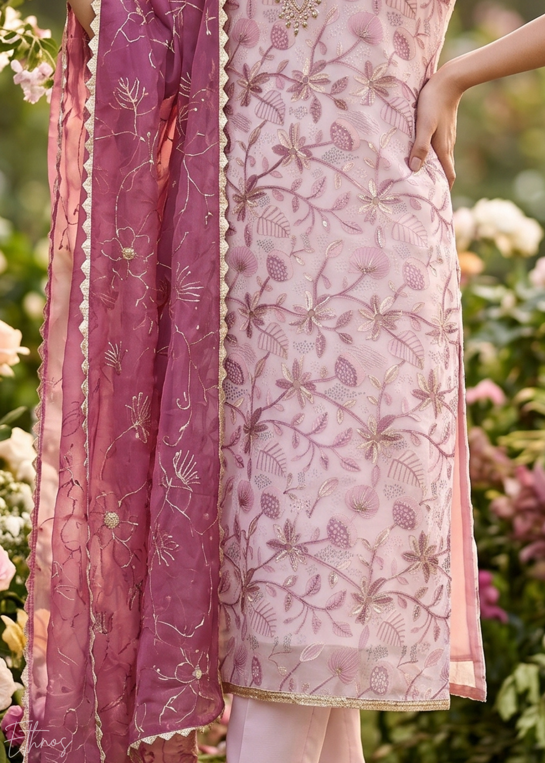Blush Pink Vines-Embroidered Chinon Palazzo Suit