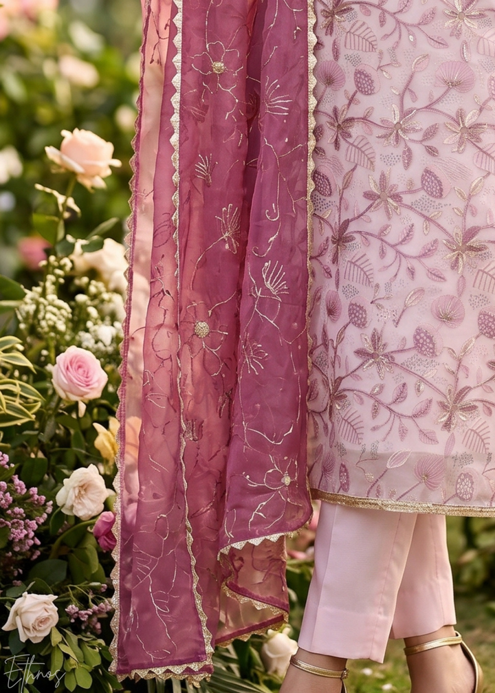 Blush Pink Vines-Embroidered Chinon Palazzo Suit