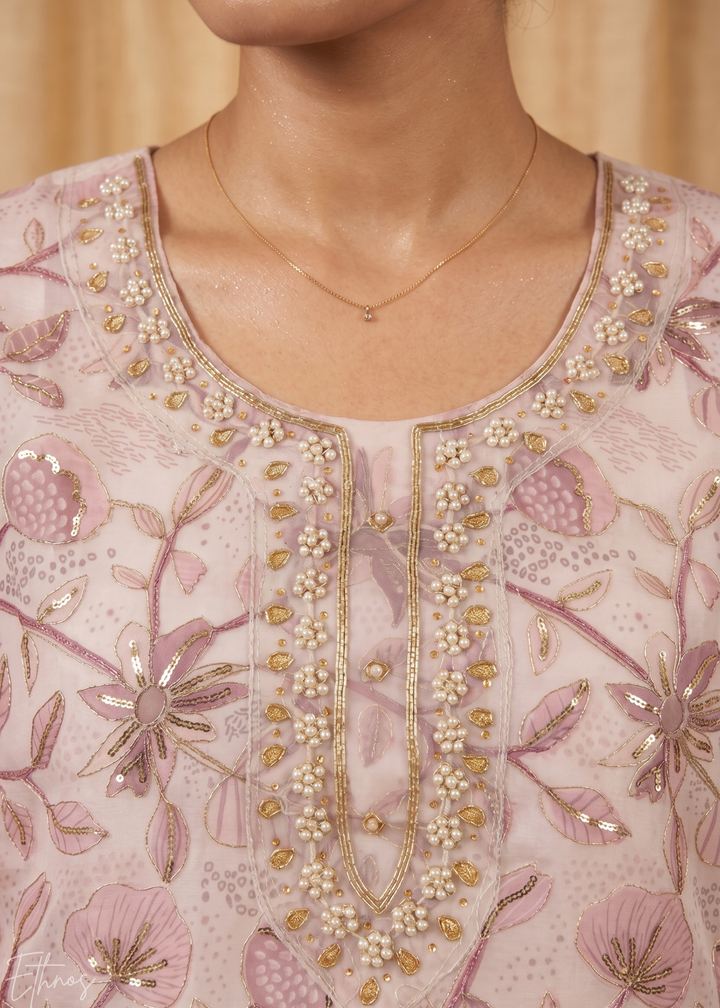 Blush Pink Vines-Embroidered Chinon Palazzo Suit
